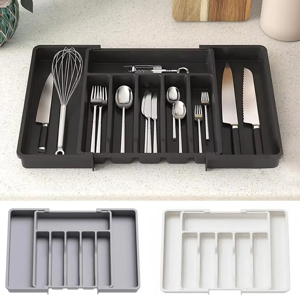 

1 шт., органайзер для ящиков, органайзер для столовых приборов, полка для посуды, разделенные слоты, пластиковый лоток для хранения, выдвижной регулируемый органайзер для столовых приборов