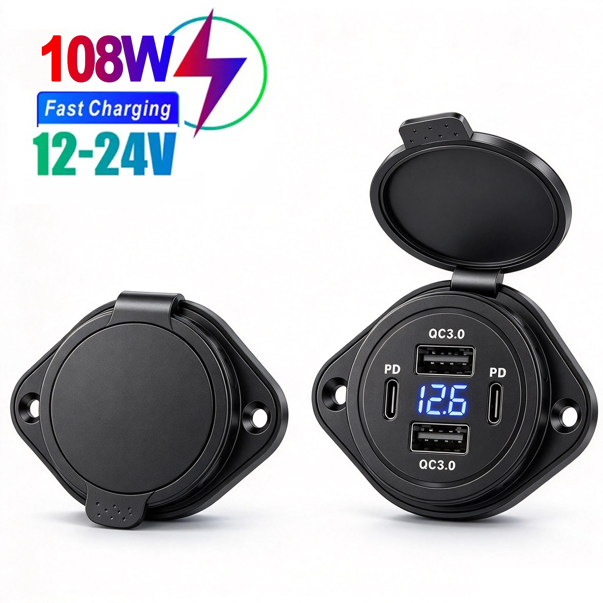 Dual QC Dual PD Car Charger Power Socket Adapter Phone Charging 12-24V for Motorbike Car Boat ATV UTV Camper Caravans