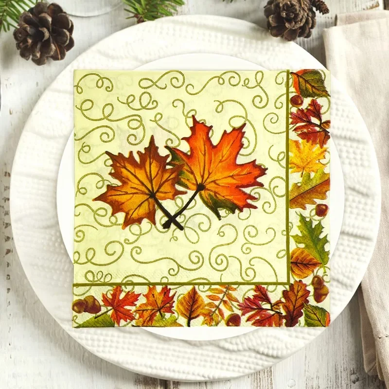 10/20pcs/Pac 33*33cm Maple Nut Border Thanksgiving Party Printed Napkins on Yellow Background DIY Butterfly Bone Bartlet Paper