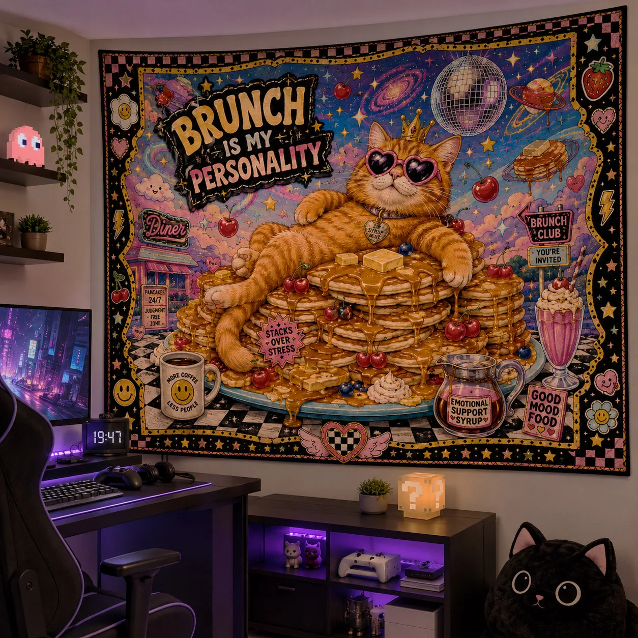 Retro Orange Cat Tapestry Wall Art Cute Animal Disco Woven Blanket Brunch Landscape Room Decoration