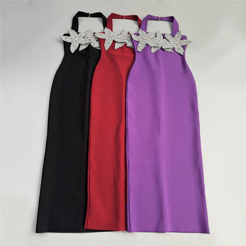 

3 Color Women Bandage Dress Halter Slash Neck 3D Silver Star Deco Long Birthday Celebrity Evening Club Party Gowns Guest Looking
