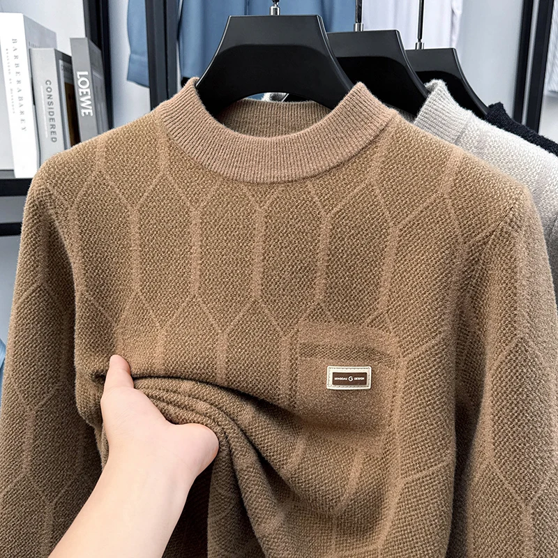 

Winter Men's Round Neck Sweater, Warm One-piece Velvet Solid Color Hoodie, Knitted Sweater with Thick Velvet Top for Men