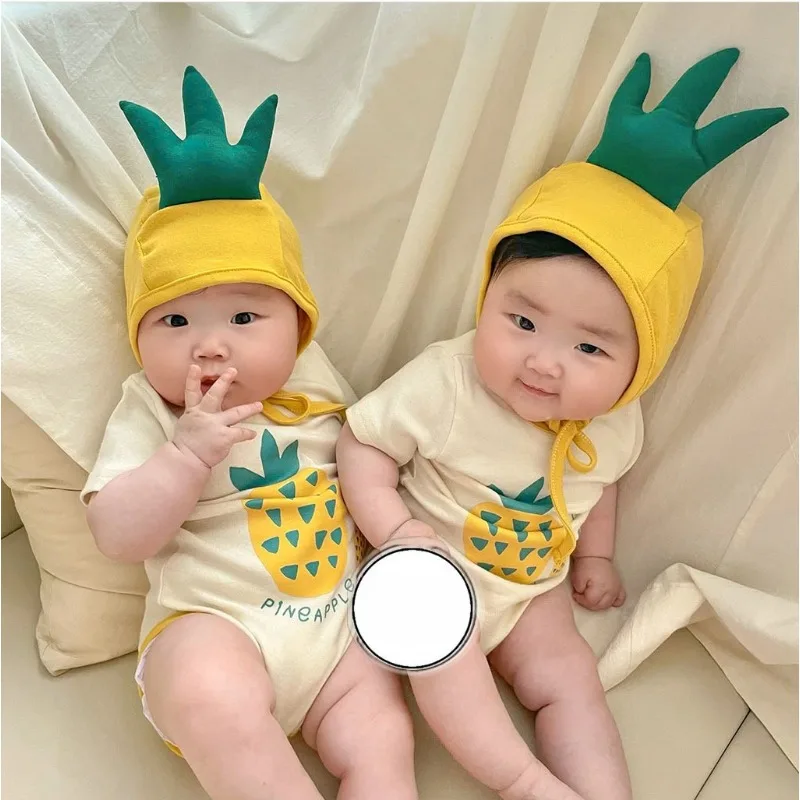 New Summer Bodysuit for Newborns Girl Boy Korean Style Baby Dragon Pineapple Print Short Sleeves Round Neck Infant Jumpsuit