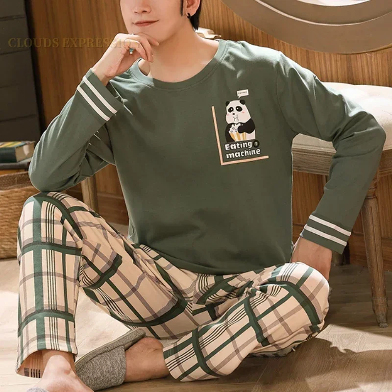 Spring 3XL Knitted Pjs Long Sleeved  Men\'s Pajamas Sets Male Pajama Plaid Pajama For Masculine Sleepwear Suits Homewear Fashion