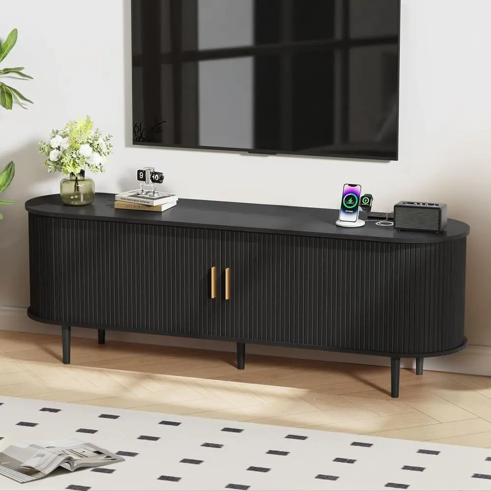 

70 Inch TV Stand with Power Outlet, Entertainment Center, Storage and Adjustable Shelves, Media Console with Sliding Door for Li