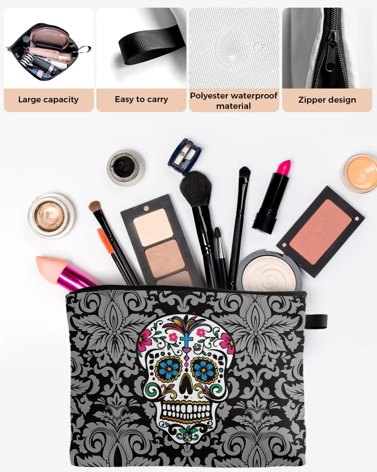 Skull Art Retro Black Makeup Bag Pouch Travel Essentials Lady Women Cosmetic Bags Toilet Organizer Kids Storage Pencil Case