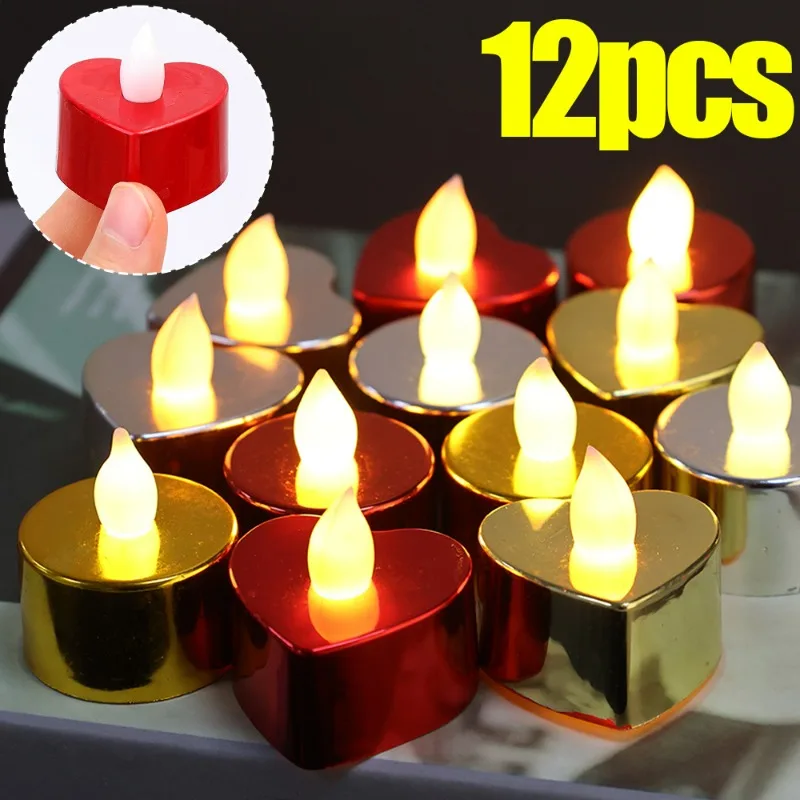 

1/12pcs LED Candle Lights Electroplating Tealights Heart Shape Flameless Fake Candles Battery Powered Wedding Party Decorations