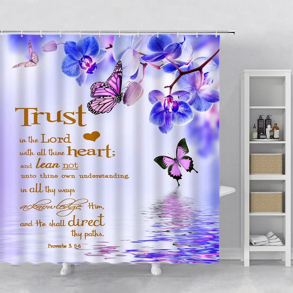 Floral Verse Shower Curtain Butterfly Watercolor Flowers Inspirational Motivational Quotes Hooks Polyester Fabric Bath Curtain