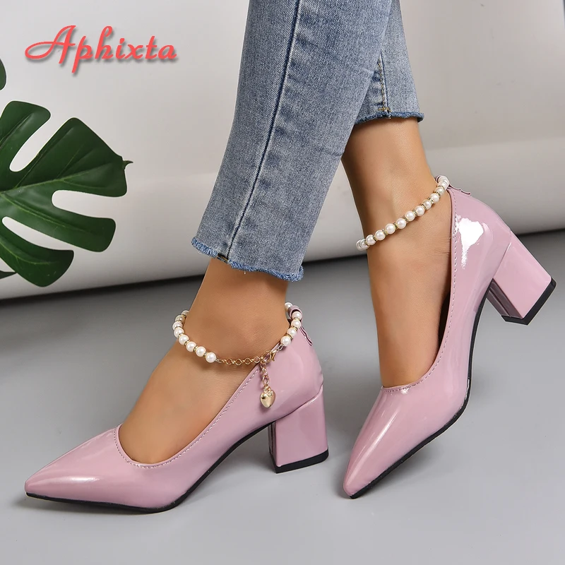 Aphixta 5cm 7cm Chunky Heels Women Pumps Crystals Pearl Chain Ankle Strap Shoes Leisure Fashion Patent Leather Plus Size 30-50