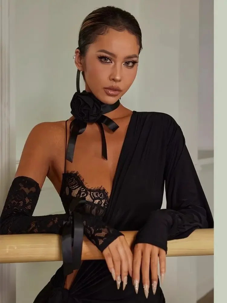 Nouveau Haut en dentelle de danse latine, vêtements d'entraînement de pratique de salle de bal Sexy avec soutien-gorge et ficelle réglable