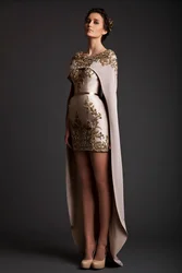 Vintage Krikor Jabotian Evening Dress Women Sheath Short Formal Party Dress Long Separate Cape Beads Appliques Satin Prom Dress