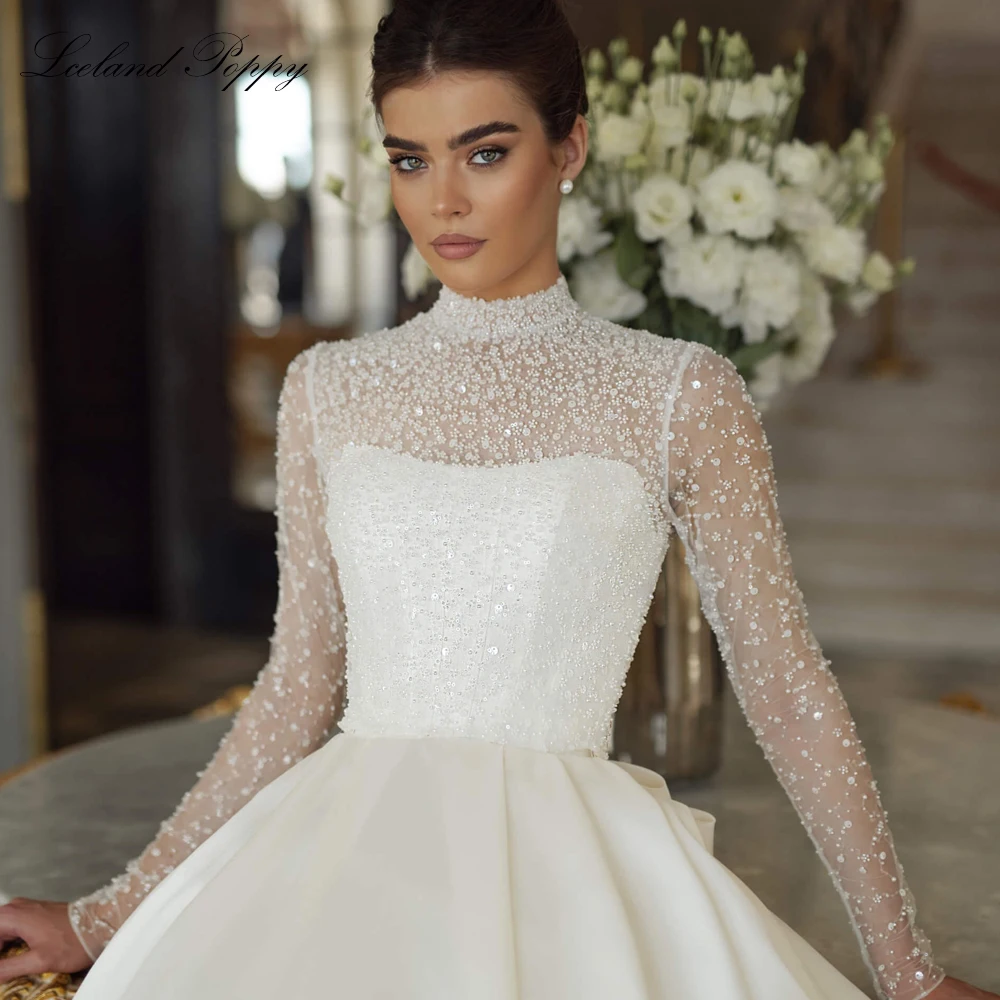 

Lceland Poppy Customized A Line Satin Wedding Dresses Full Sleeves Long Sleeves Beaded Lace Bridal Gowns with Removable Jacket