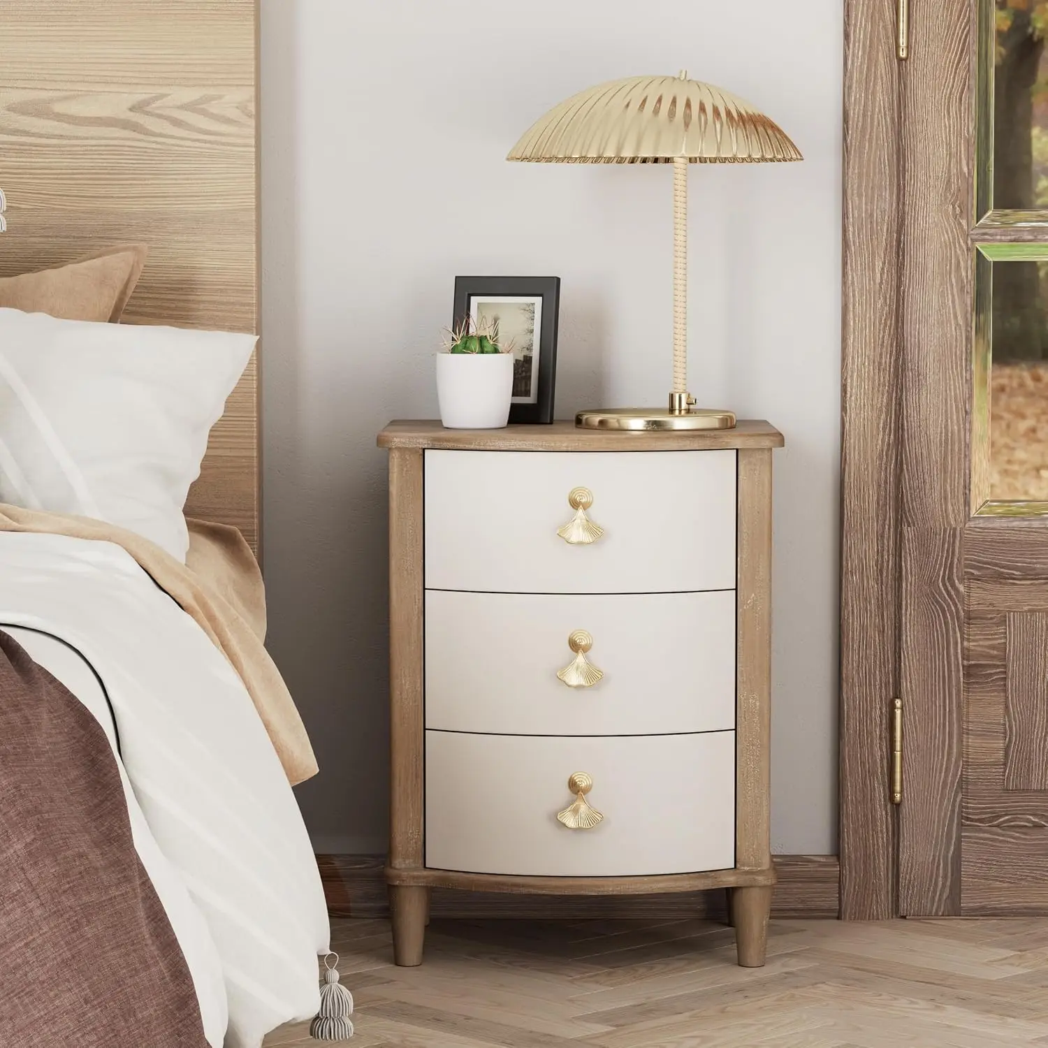 3-Drawer Nightstand Gold Leaf Handle Vintage Curved Front Distressed White & Brown Finish Bedroom Bedside Table, Customized