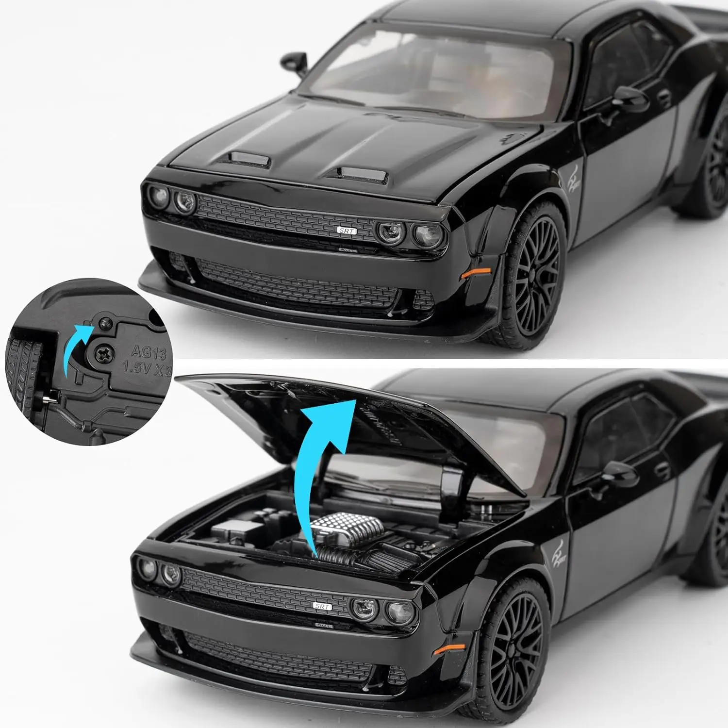 1/32 ダッジ チャレンジャー ヘルキャット モデルカー、亜鉛合金プルバック式おもちゃの車、サウンドとライト付き、子供、男の子、女の子へのギフト（ブラック）