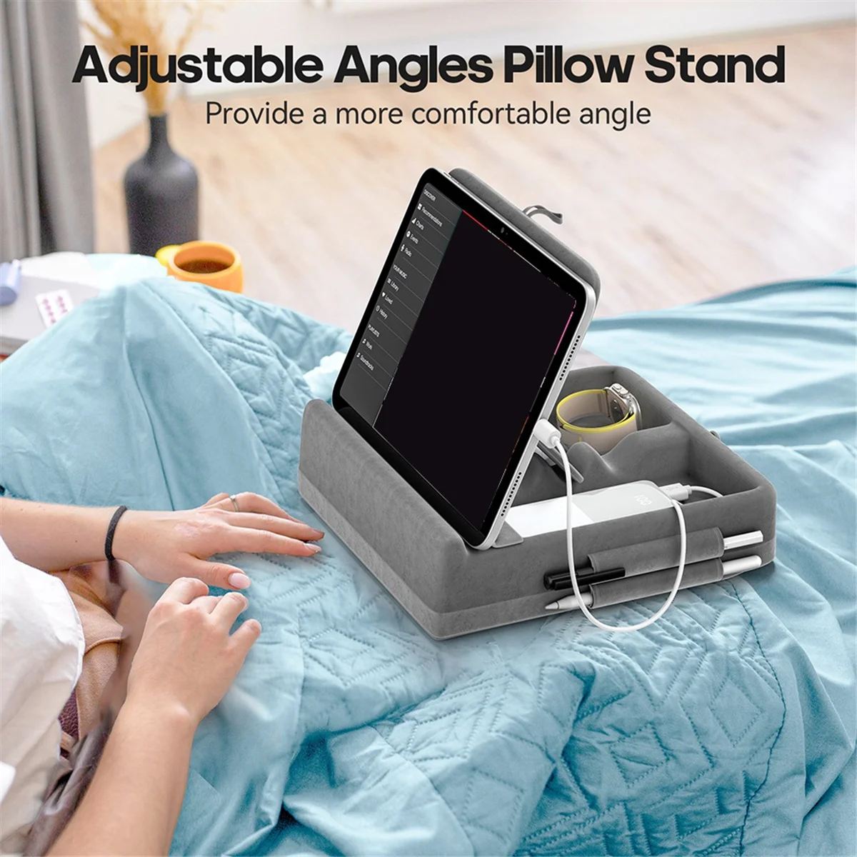 DQ2G Tablet Pillow Stand with Storage Foldable Holder Angle Adjustable Soft Pad Dock for Bed and Laptop and Desk Gray