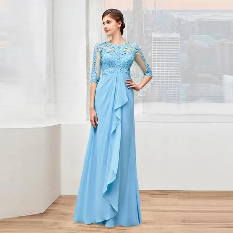 Charming Sky Blue Evening Dresses Half Sleeves O-Neck Chiffon Lace Appliques Wedding Guest Party Groom Mother Prom Gowns 2022