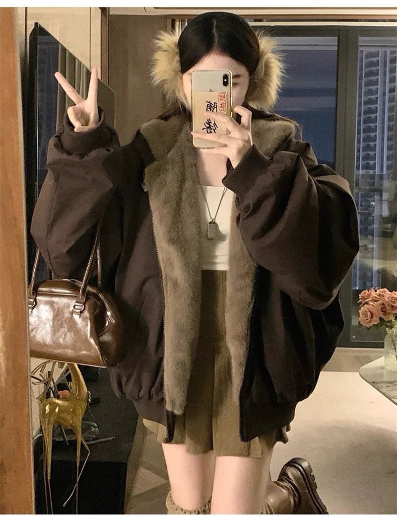 Winter Double Sided Wearable Plus Velvet Thick Warm Loose Women Parka Coats Fleece Hooded Casual All-match Cotton Padded Jackets