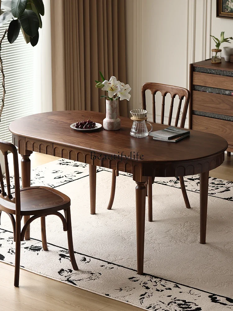 

yj5 *North American black walnut solid wood dining table, antique rectangular household small apartment French retro dining tabl