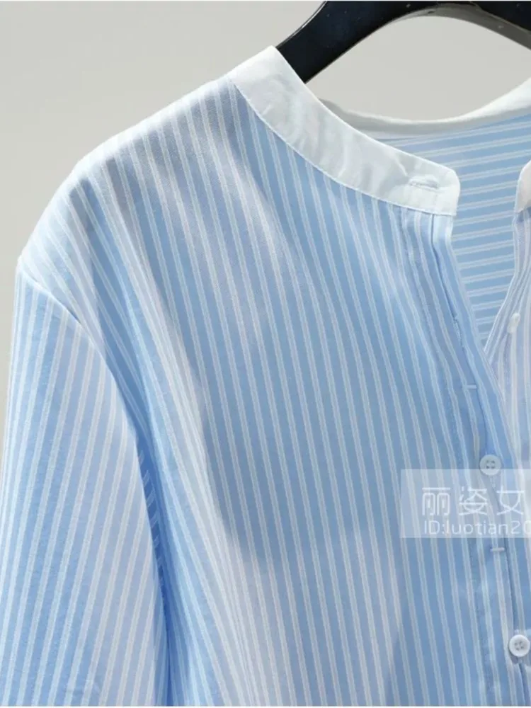 Spring Autumn Crew Neck Button Striped Lantern Long Sleeve Cardigan Women's Clothing Casual Formal Shirt Fashionable Tops