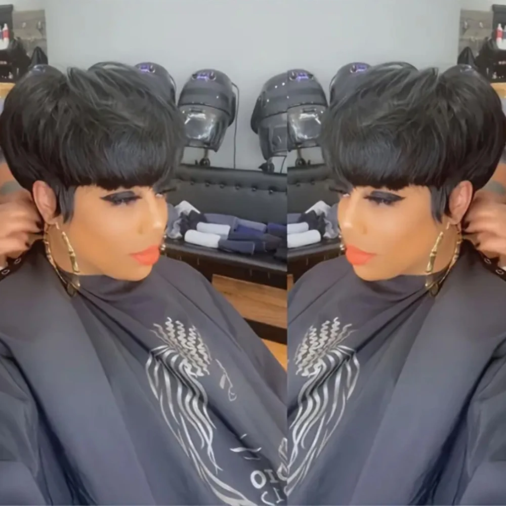 350 # 99J/1Bカラーのピクシーカットストレート人毛ウィッグ、女性用フルマシンメイドウィッグ、ショートレイヤードストレートウィッグ（前髪付き）