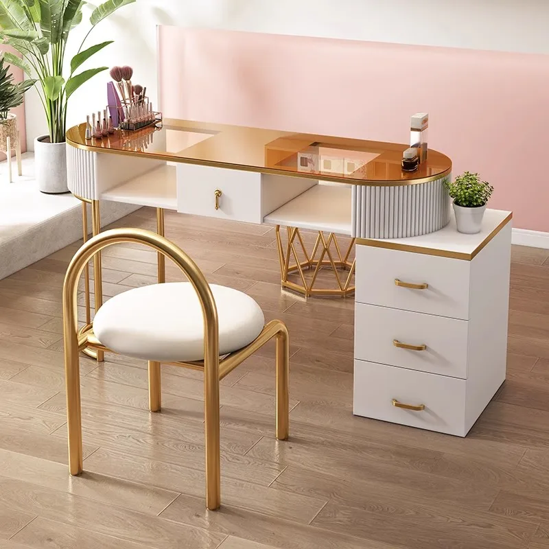 Luxury Nail Salon White Glass Double Seater Manicure Table And Chair Set Modern Beauty Shop Nail Table