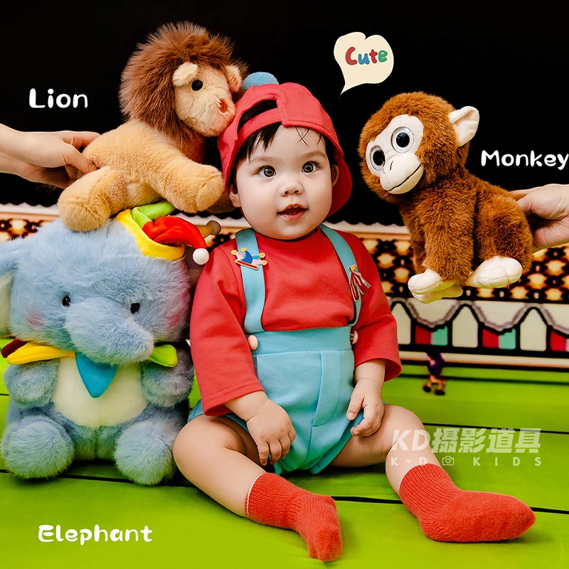 Circus Themed Newborn Photography Props 1st Baby Boy Red T-shirt & Blue Overalls Outfit, Cute Elephant/Lion/Monkey Plush Toys
