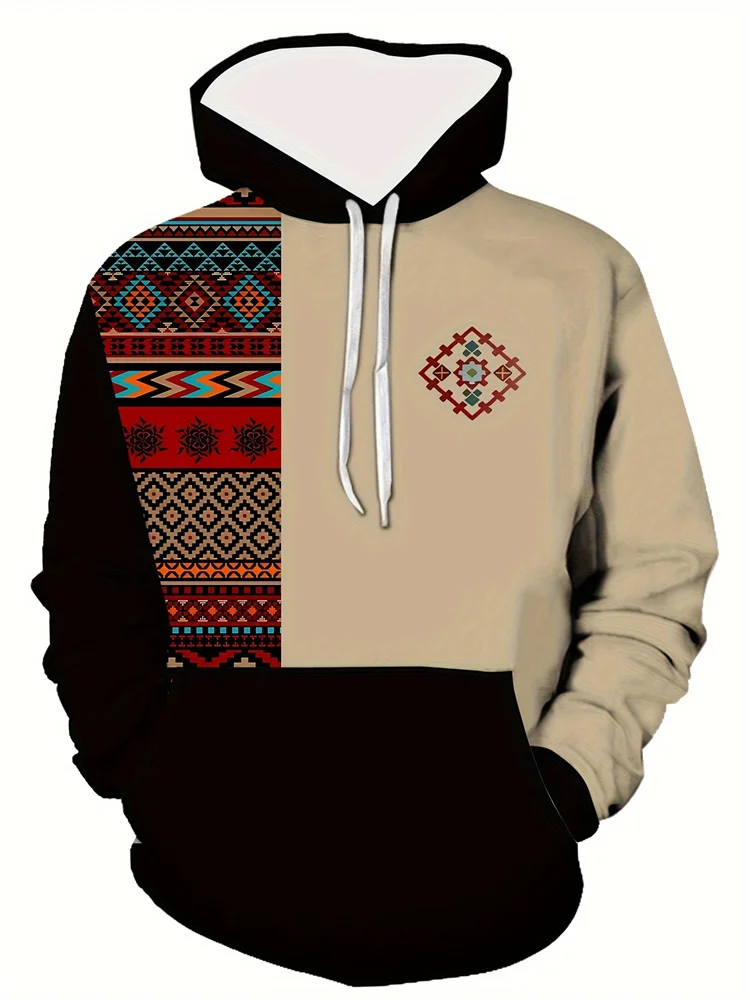 الخريف هوديي للرجال ثلاثية الأبعاد نمط العرقية المرقعة ملابس منقوشة بكم طويل البلوز الملابس موضة الشارع كنزة بمقاس كبير القمم