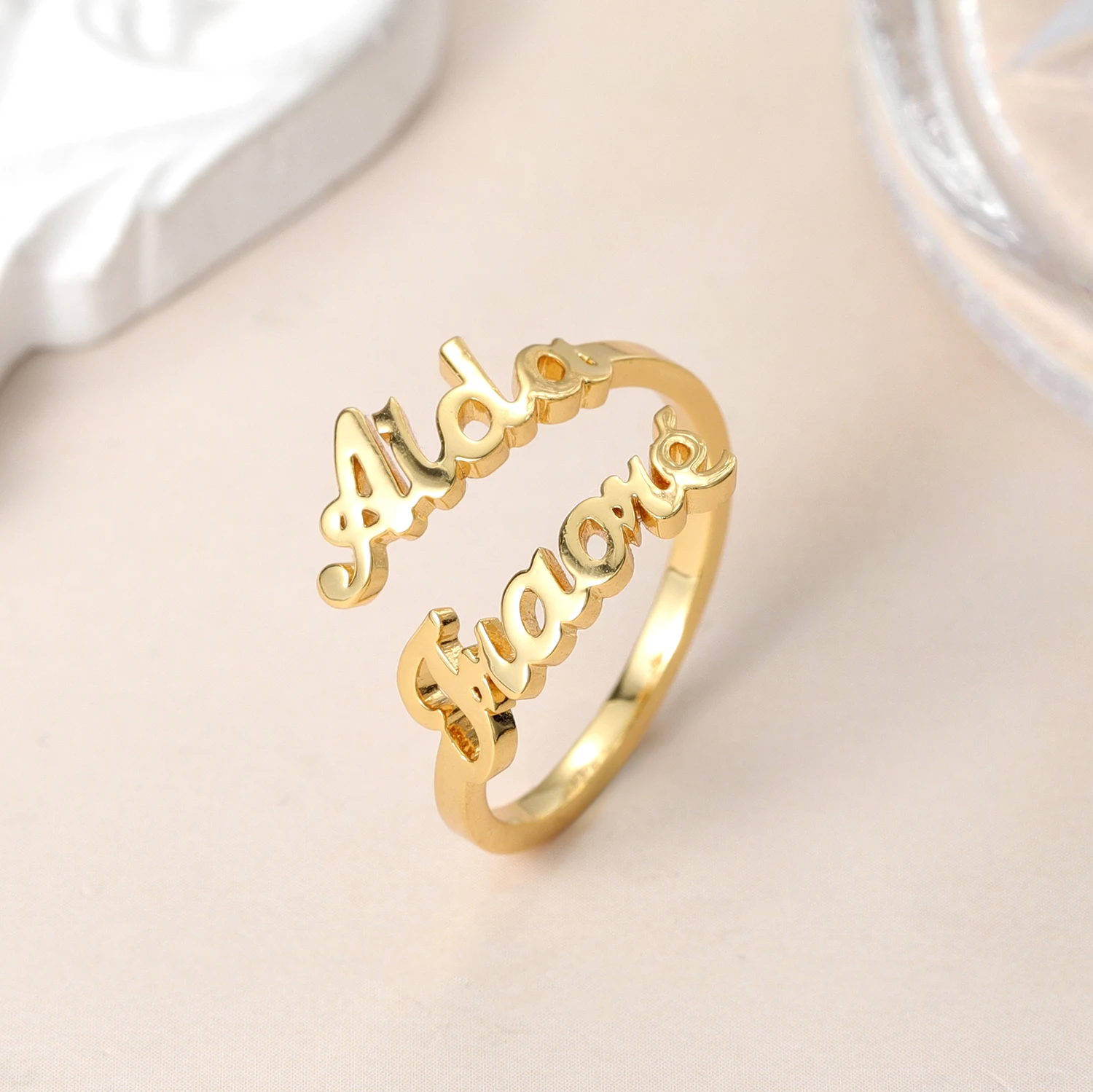 

Personalized Minimalist Double Name Ring Adjustable Open Band 18K Gold Plated Custom Cursive Name Ring Unique Gift for Women