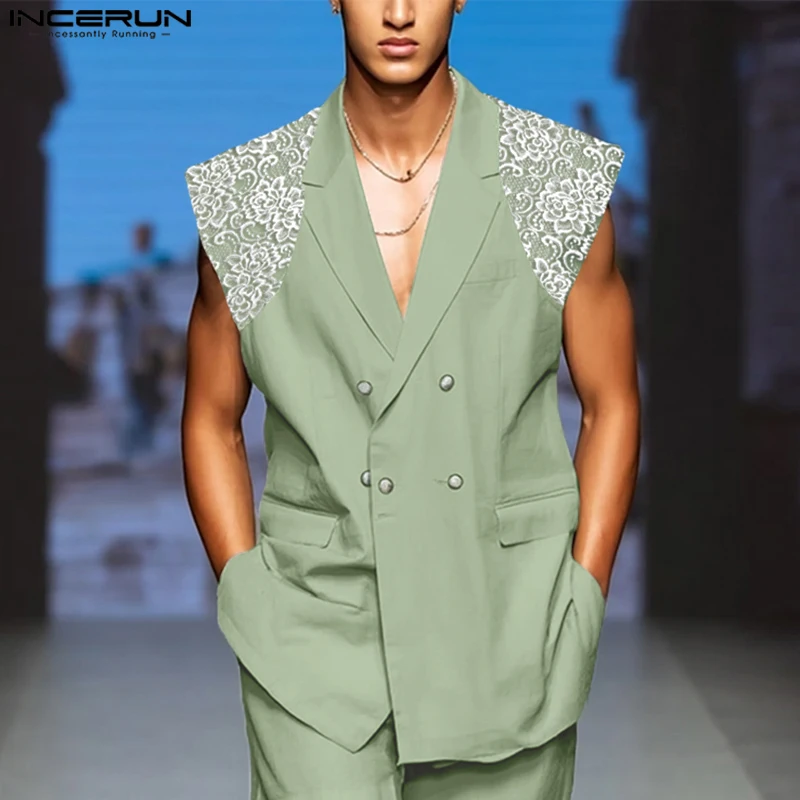 

INCERUN Men Blazer Vests Lace Patchwork Lapel Sleeveless Fashion Casual Male Suits Streetwear Double Breasted Male Thin Waistcoa