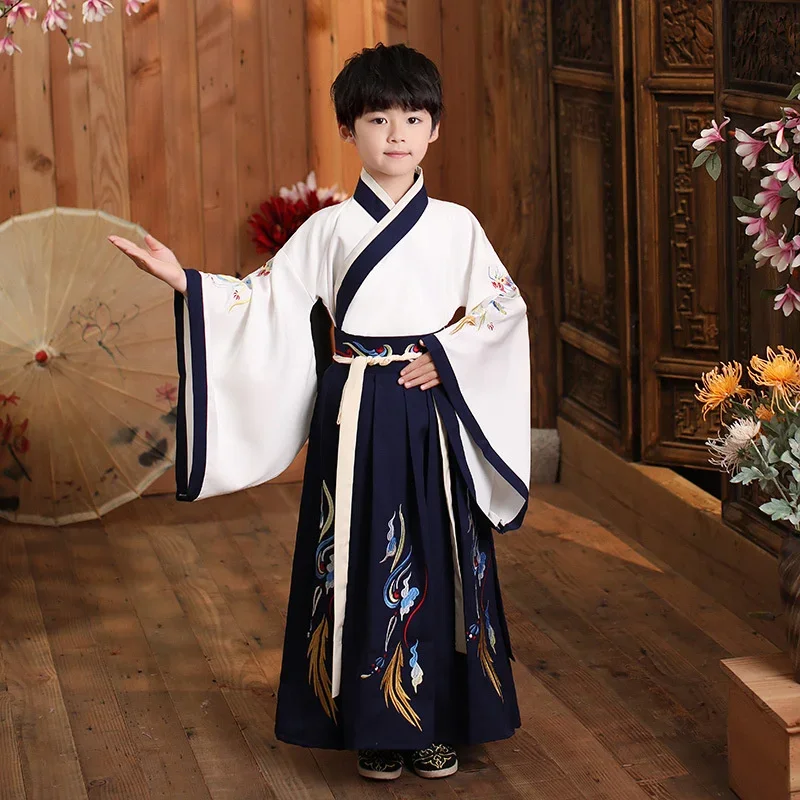 2Colors Chinese Children Team Dance Costumes for Boys Traditional Kids Autumn Hanfu Tang Suit Stage Performance Kimono Skirts