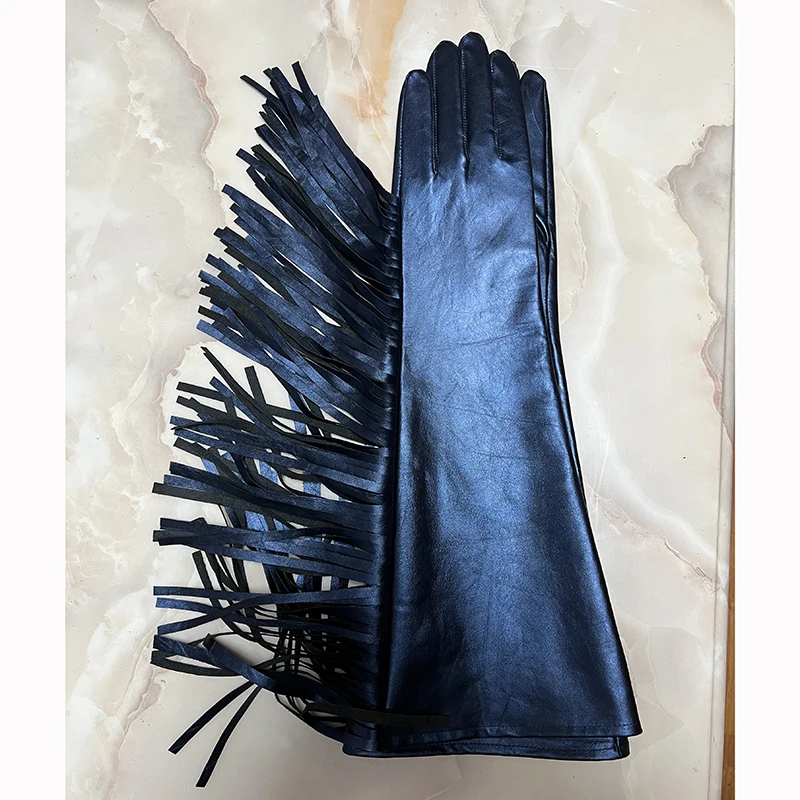 Tassel Long Cowhide Leather Gloves Blue 70cm Extra Long Fringe Tassel Arms Club Wedding Make Up Dance Sexy Elbow Opera Gloves
