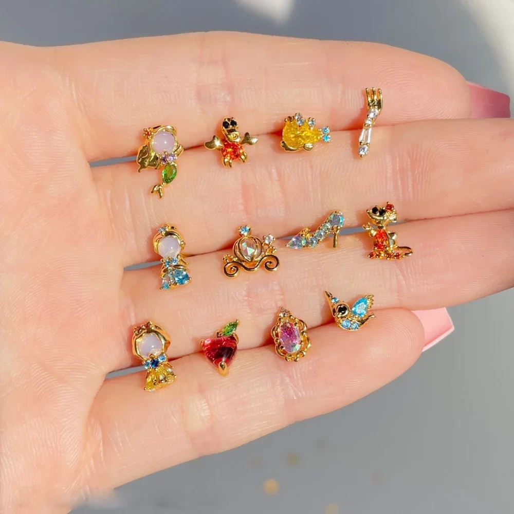 New ins Cute Cartoon Princess Earrings Set For Women Girl Fashion Vintage Colorful Zircon Stud Earring Wholesale Jewelry Gift view 2