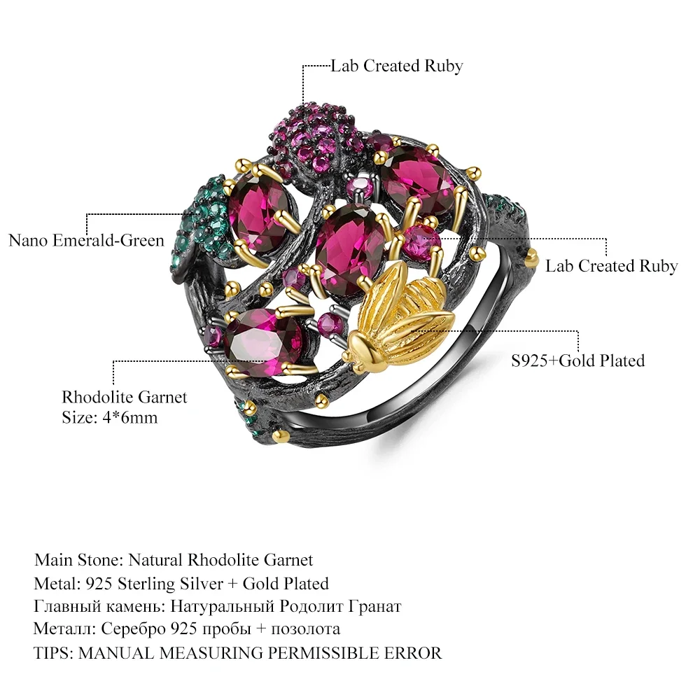 GEM\'S BALLET Natural Rhodolite Garnet Gemstone Ring 925 Sterling Silver Handmade Gold Bee on Branch Rings for Women Fine Jewelry