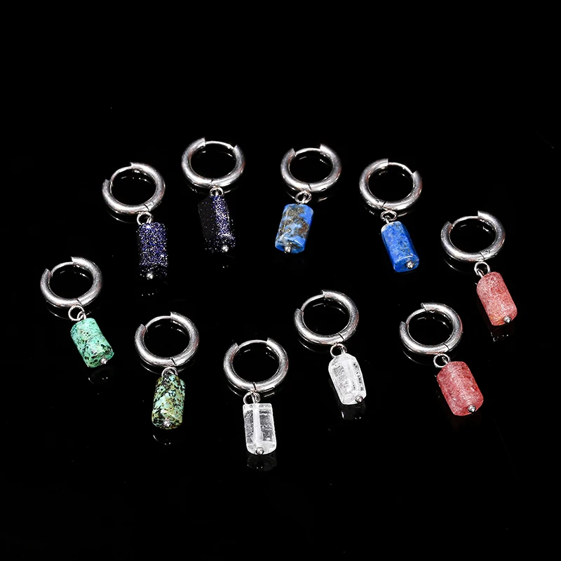 Change Better Natural Rock Quartz Lapis Lazuli Faceted Stone Stainless Steel Round Buckle Earring Women Trendy Chic Hoop Earring