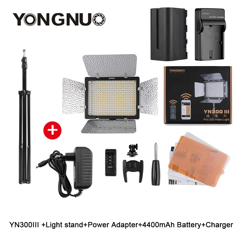 

YONGNUO YN300 III LED Camera Video Light 3200-5600K with Battery Charger Light Stand Tripod AC Power Adapter for Canon Sony Niko