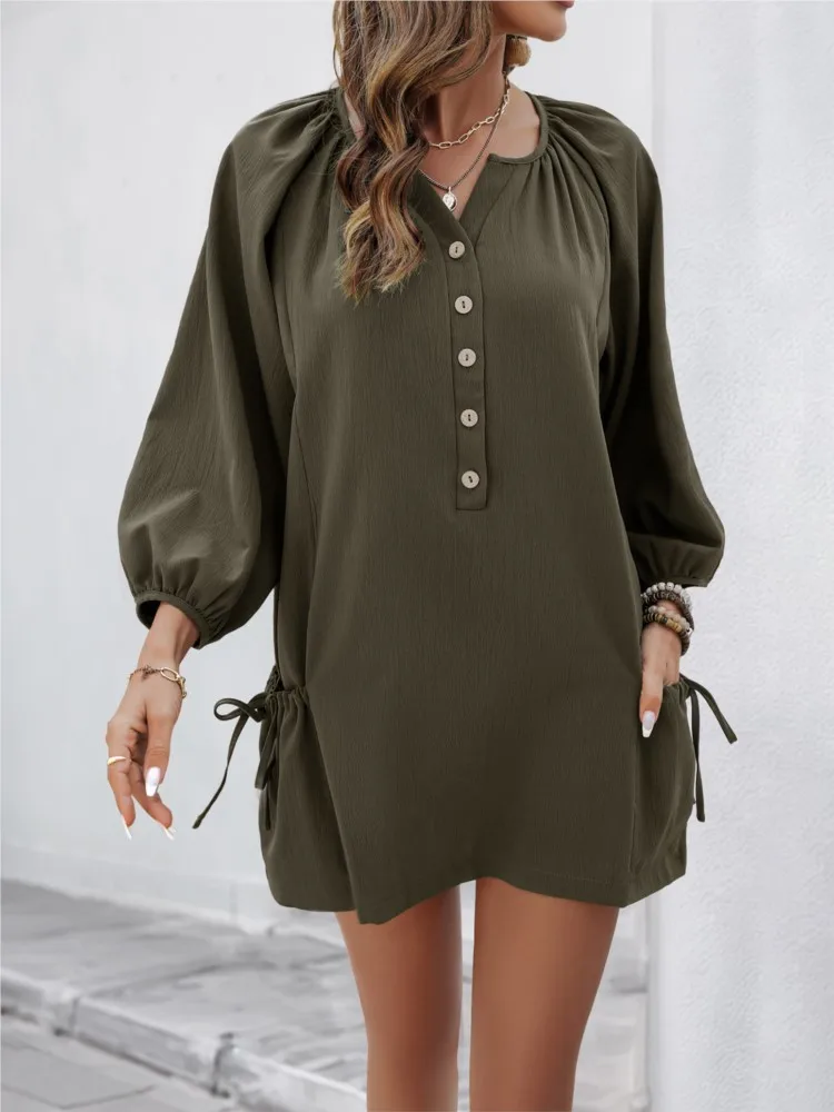 

Dresses 2025 Woman Casual Simple Button V-neck Vestidos Loose Solid Color Long-sleeved Casual Dress Temperament Leace-up Trendy