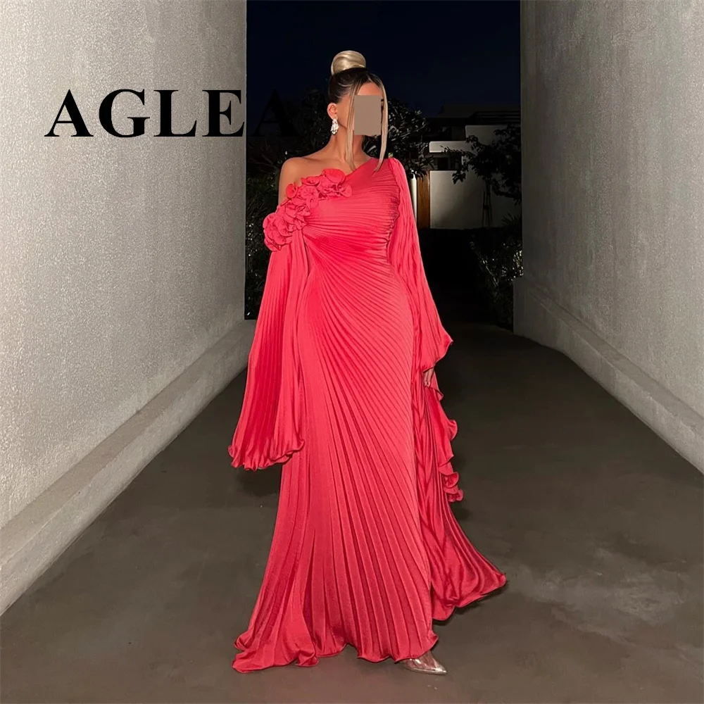 

AGLEA 2024 One Shoulder Long Sleeves Hot Pink Prom Dresses Floor-Length Evening Gwon Robe Des Cocktail Dress Club Party Women