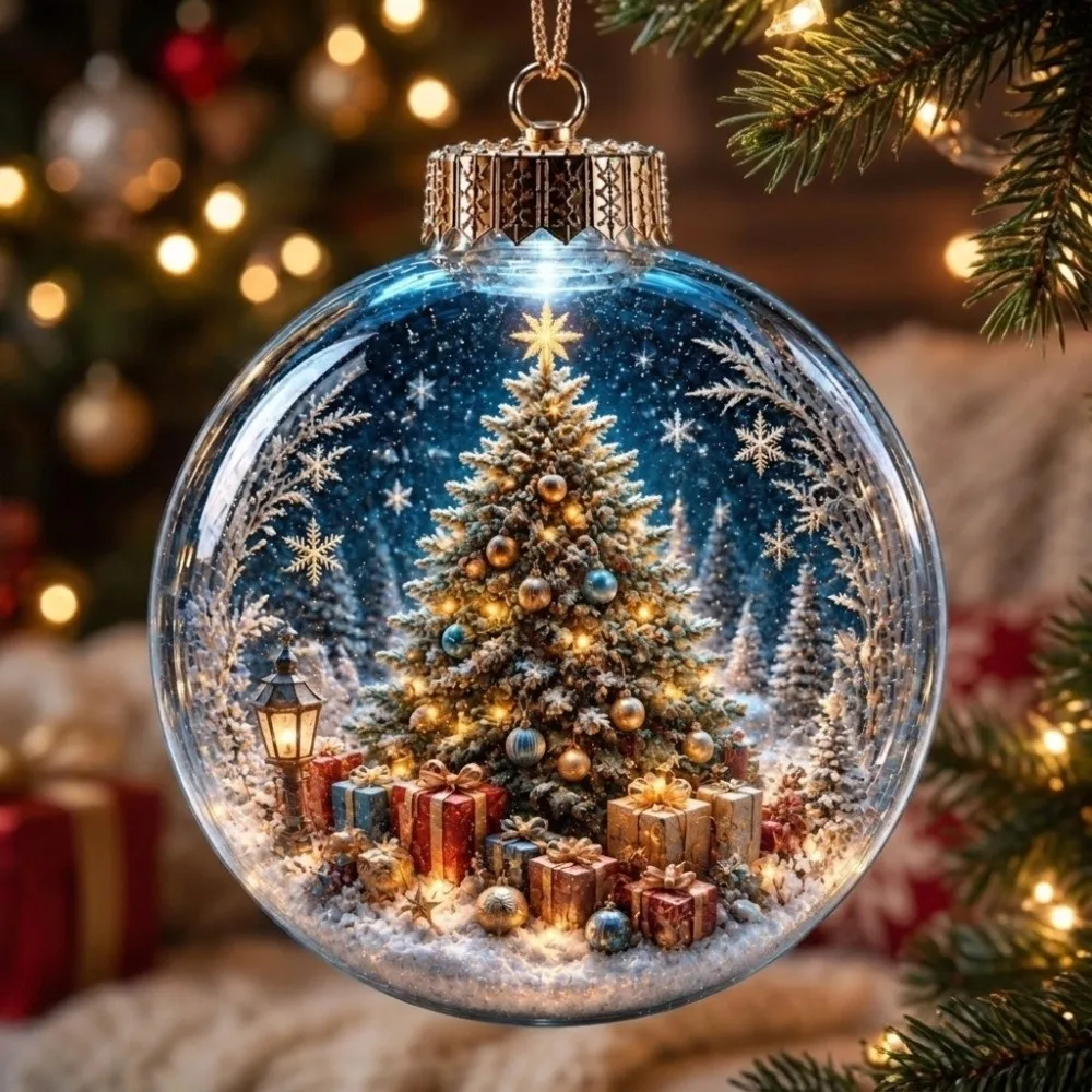 Shatterproof Christmas Ball Ornament 2D Flat Pattern Acrylic Transparent Sphere Bauble Winter Cabin Deer Scene Snow Scene