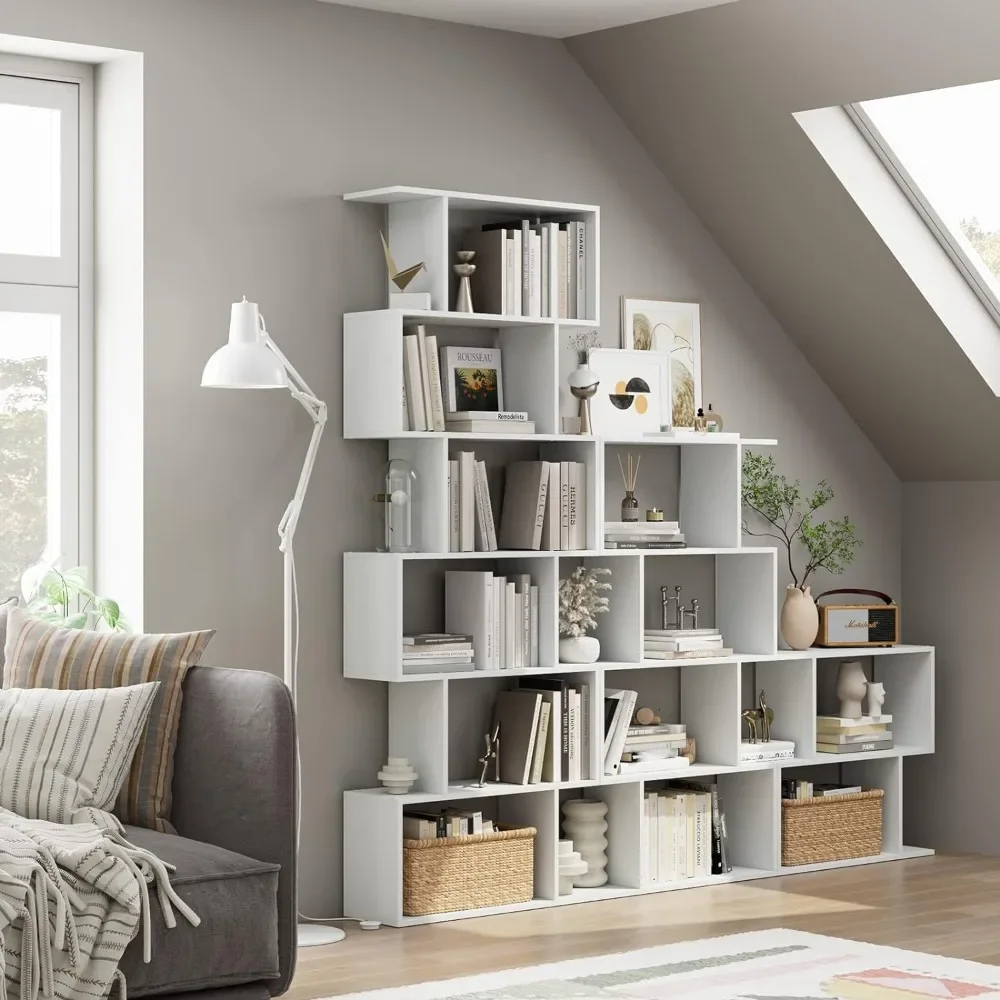 6 Tier Bookcase, S-Shaped White Bookshelf,Tall Bookcase Freestanding Display Shelf for Bedroom, Living Room, Home Office, White