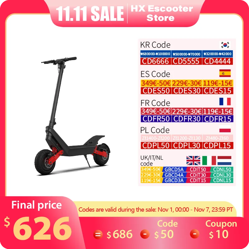 HX X10 48V Powerful Electric Scooter Adult 2000W 18.2AH Electric Kick Scooter Foldable 11.0 inch Self-Balance E Scooter