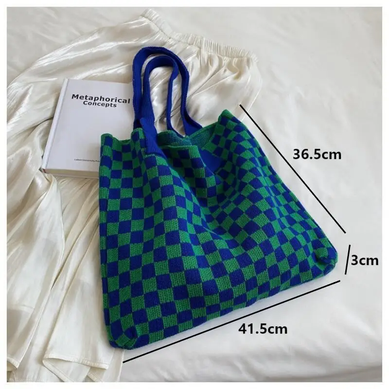 Casual Large-capacity Shoulder Bags for Women Simple Female Plaid Pattern Woolen Woven Tote Bags Retro Ladies Knitting Handbags