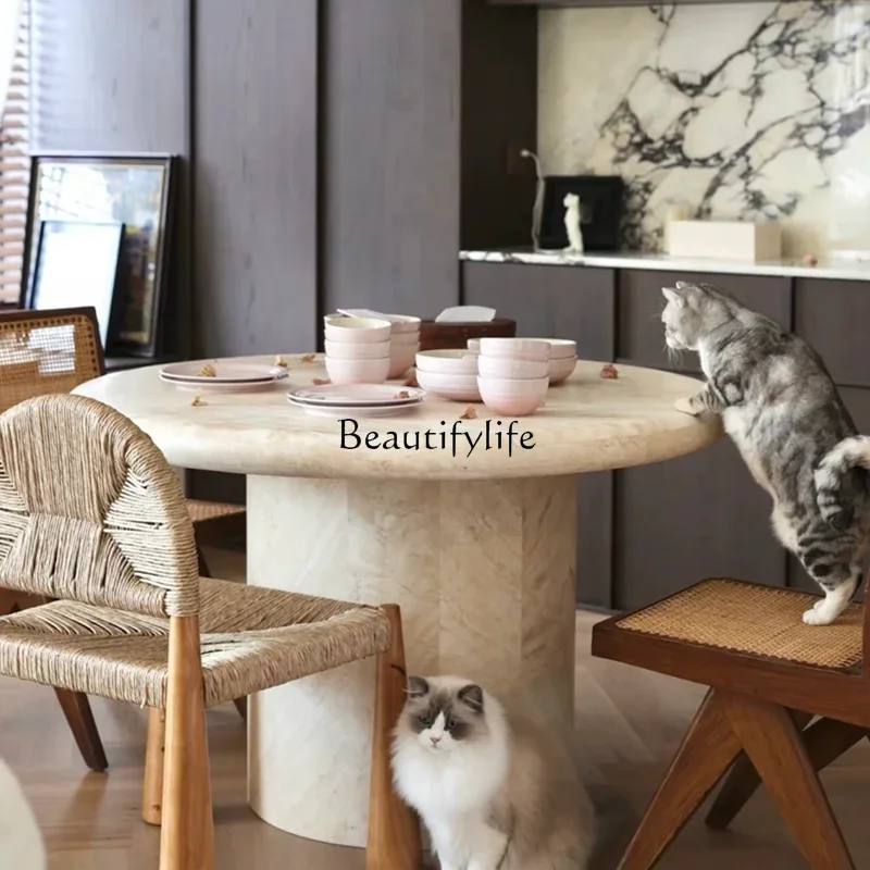 

06Natural travertine round dining table wabi sabi wind medieval retro stone table