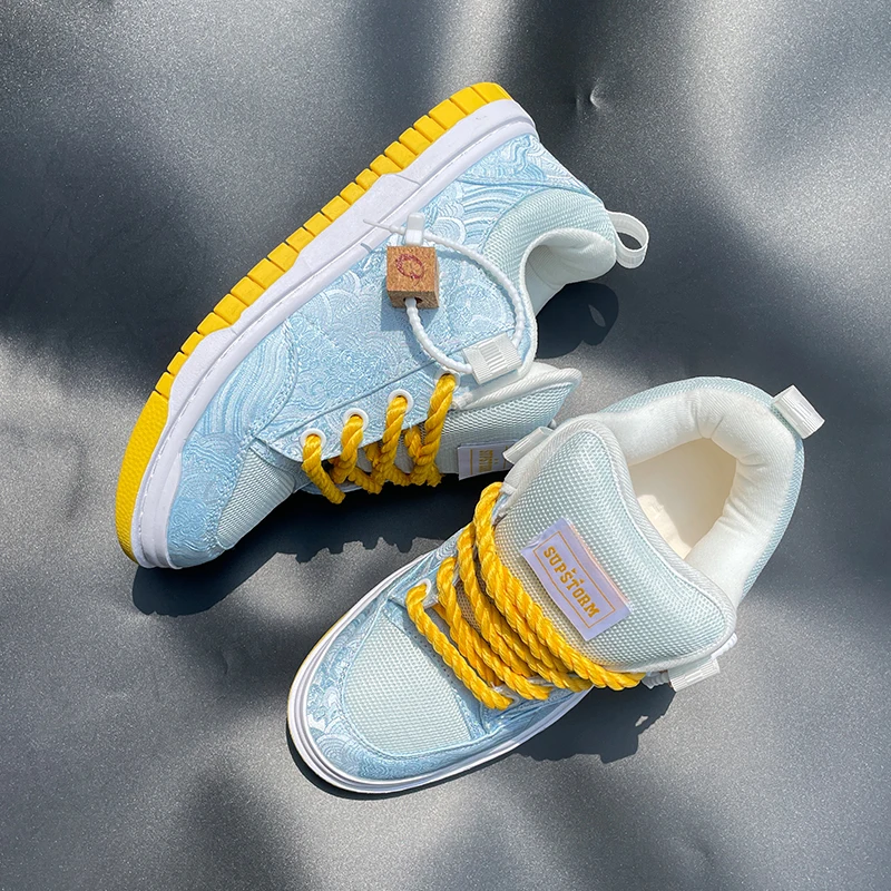 

Solid Color Casual Sneakers Chinese Style Light Blue Satin Low-Top Thick Tongue Loafers Men's Trendy Sports Shoes