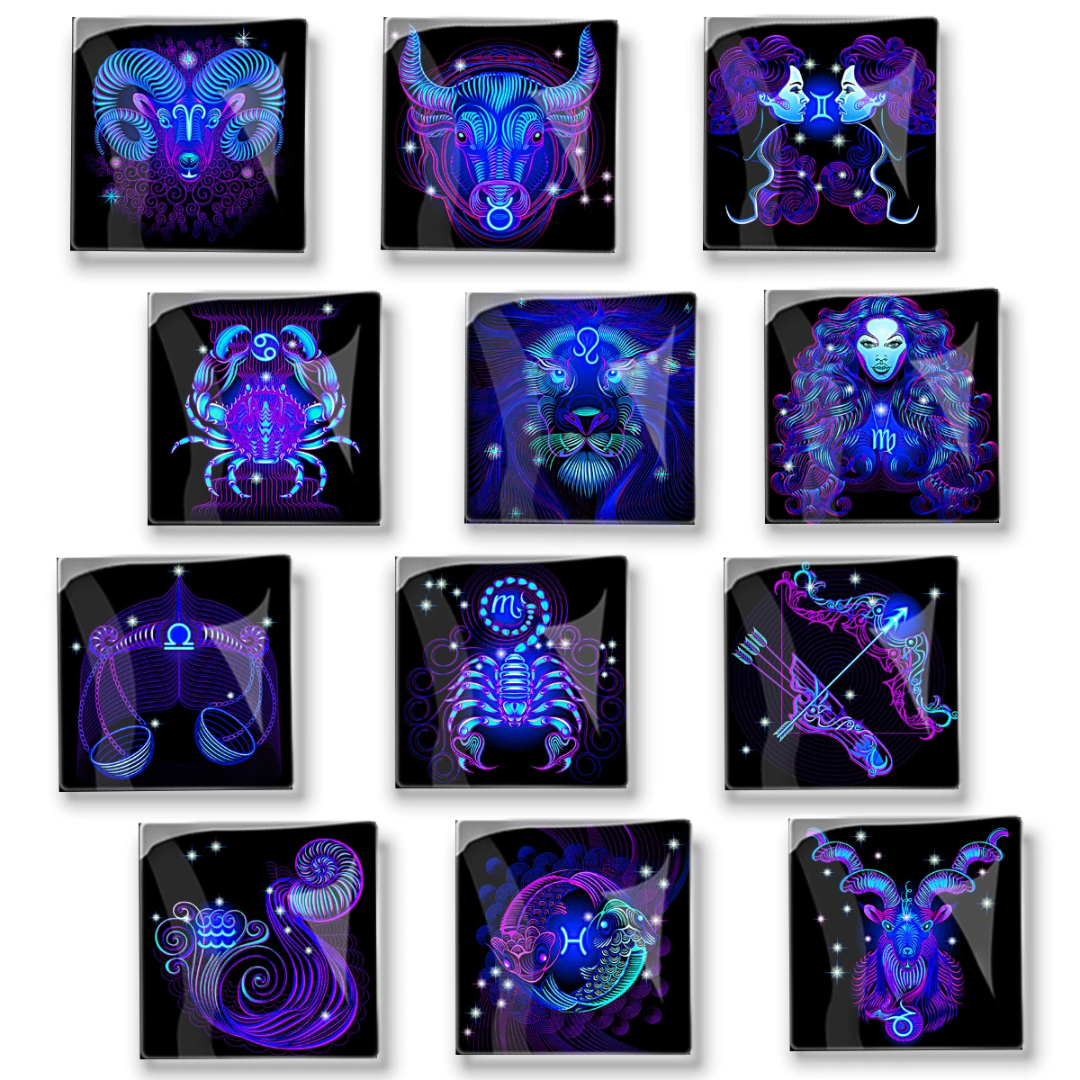 12 Constellations Square Convex Glass Refrigerator Magnet Stickers for Home Decoration Aries Taurus Gemini 12 Pieces 30MM