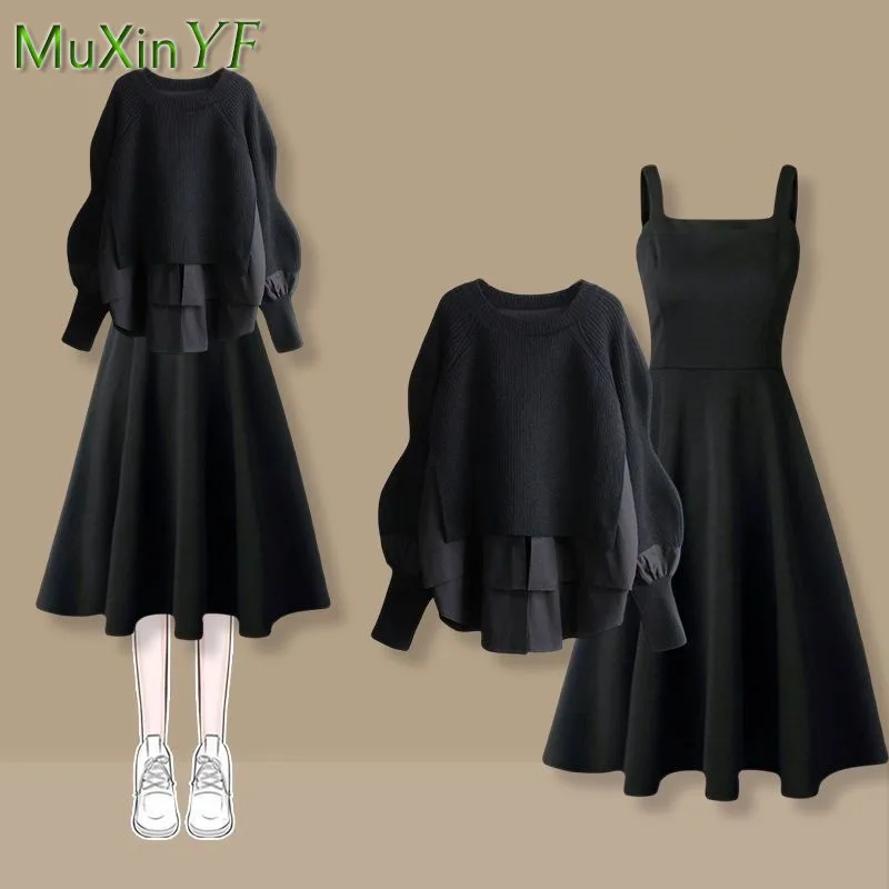 

Women's Autumn Winter New Fake Two Piece Knit Sweater Top+Black Strap Dress Two Piece Suit Korean Elegant Fashion Matching Set