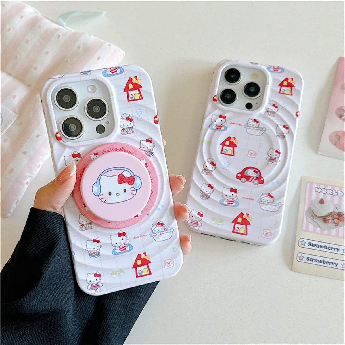 

Funny Cartoon Hello Kitty Magnetic Phone Case For iPhone 16 Pro 15 14 13 12 Pro Max Cover with Stand Cute Cases for Magsafe