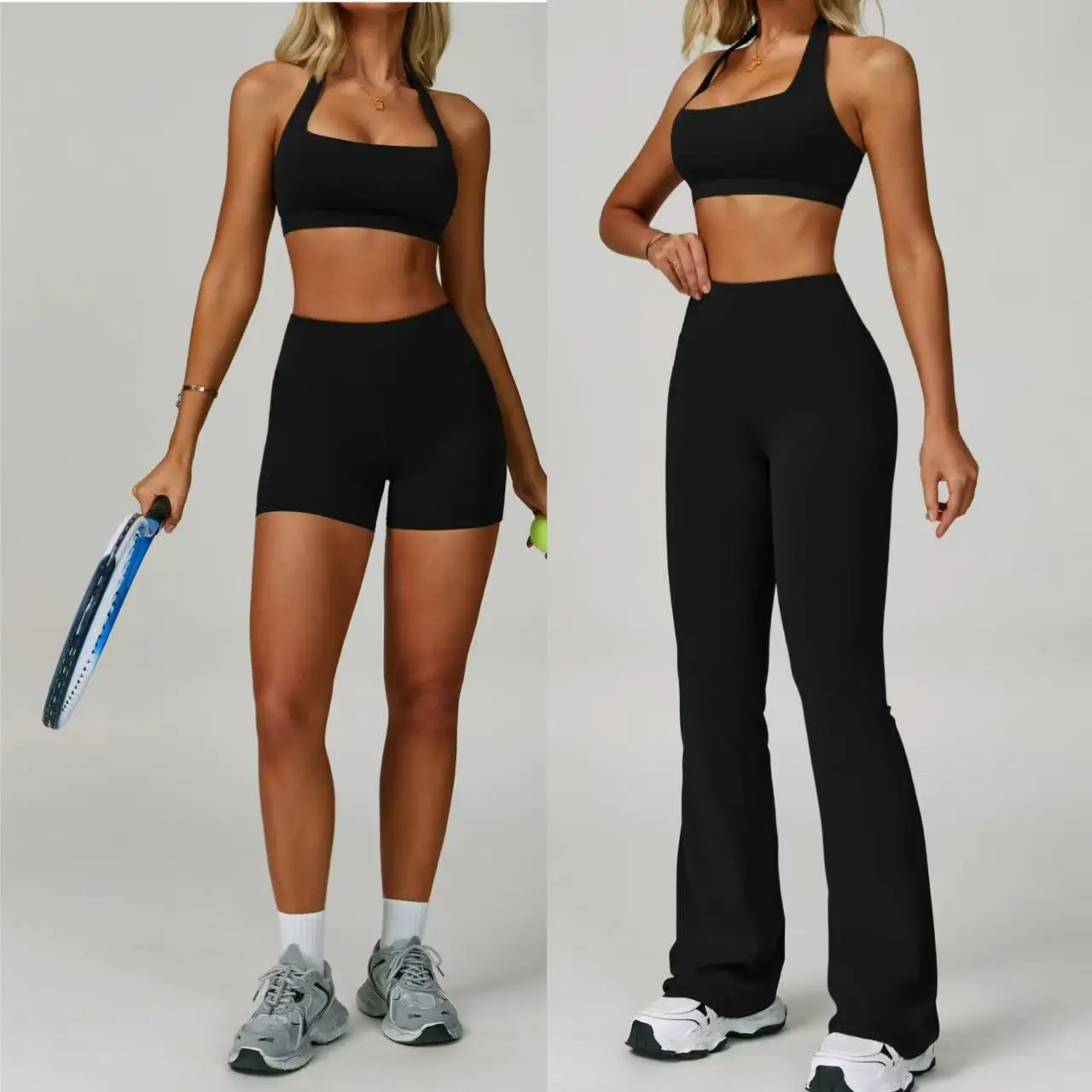 

Sportswear Woman Gym Sport Outfit Two Pieces Set Yoga Bra Shorts Leggings Flare Pants Fitness Running Workout Clothes Tennis