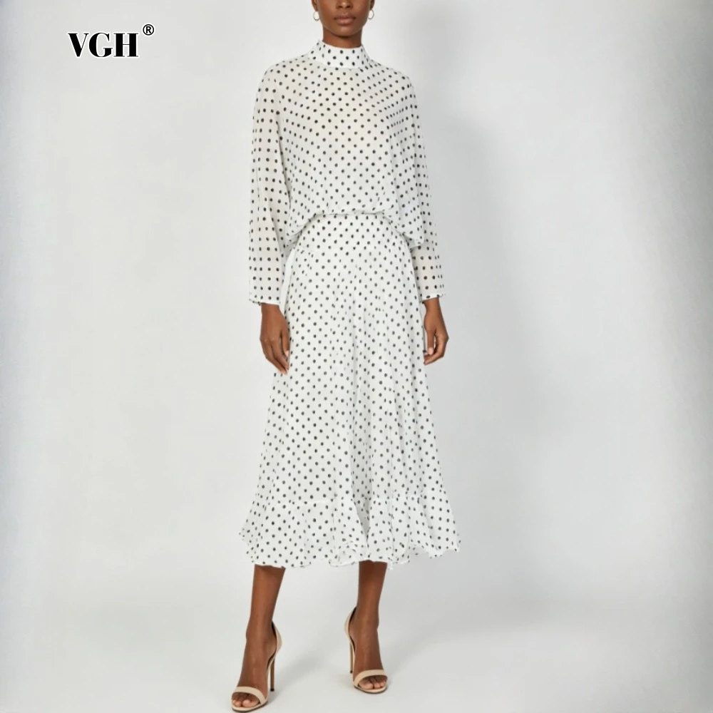 

VGH White Spliced Print Two Piece Set Female Turtleneck Long Sleeve Shirt Elegant Intellectual Women's Skirt Sets Fashion Summer