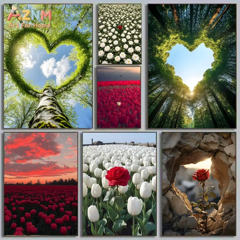 AZNM Romantic Nature Landscape Canvas Wall Art, Heart Shaped Tree & Red Rose Tulip Field Design Poster, Frameless Canvas Print,