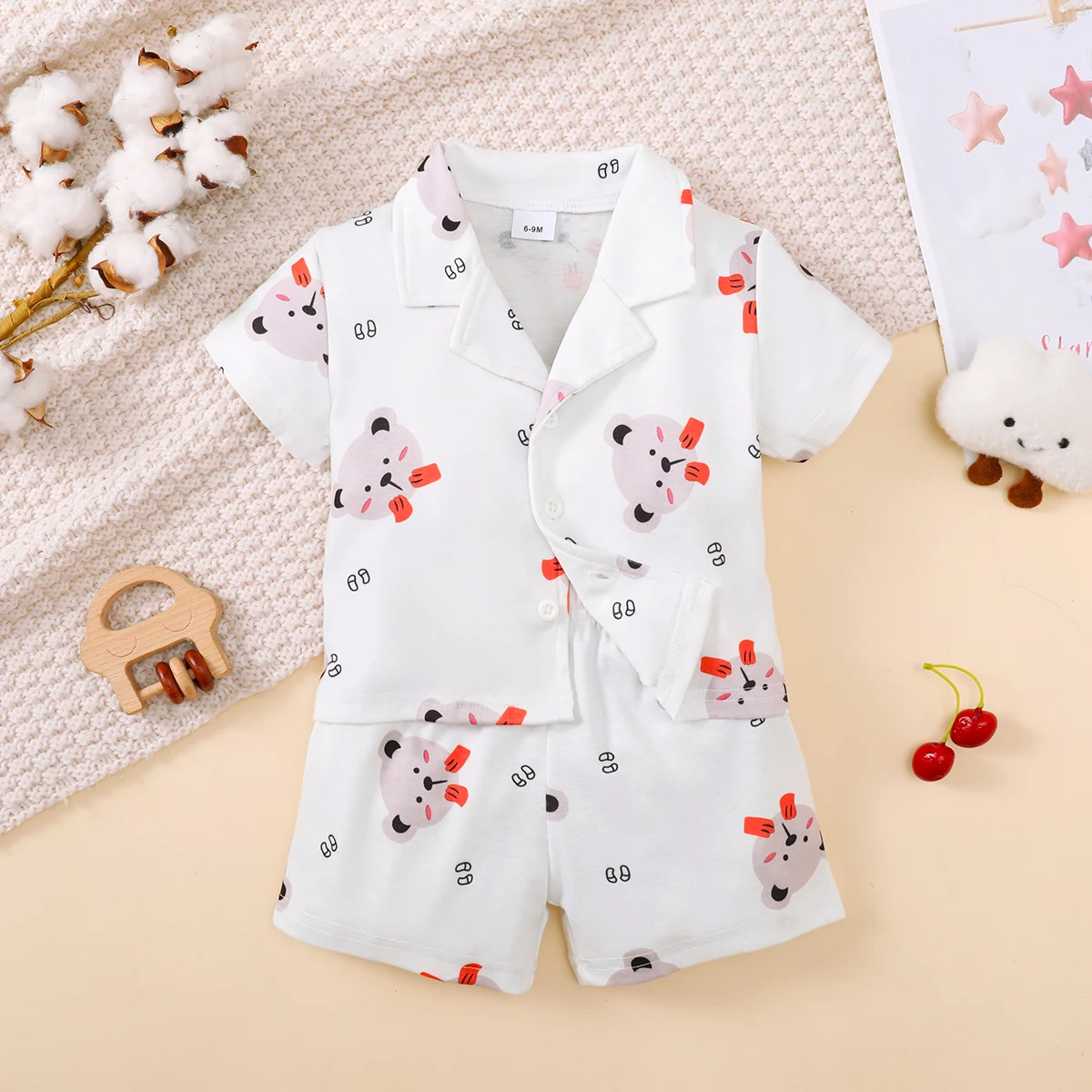 Children\'s Girls\' Cartoon Pajamas Teddy Bear Strawberry print Short sleeved+Shorts 2Pcs/Set 0-3 Years old Cute Baby Girl Pajamas